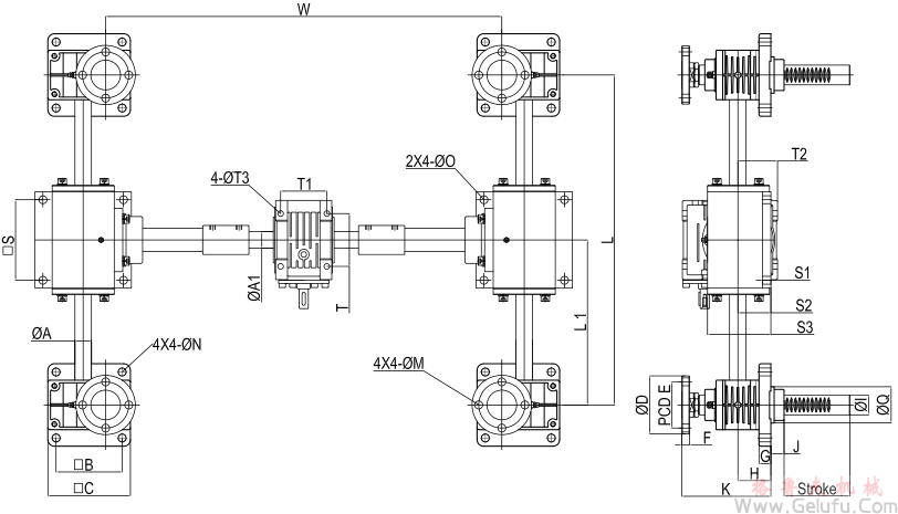 RJ-4SB系列多台齿条升降机与蜗轮减速机组合高速升降齿条安装图